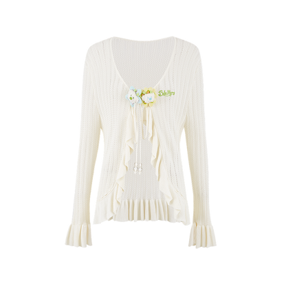 13DE MARZO Floral Lines Hollow Cardigan Beige