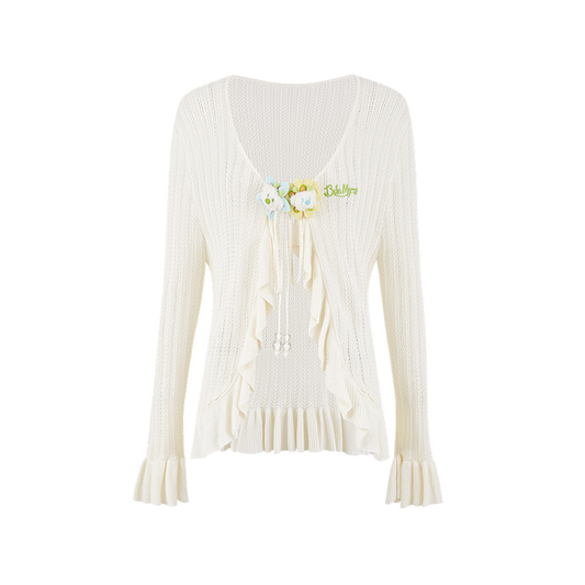 13DE MARZO Floral Lines Hollow Cardigan Beige