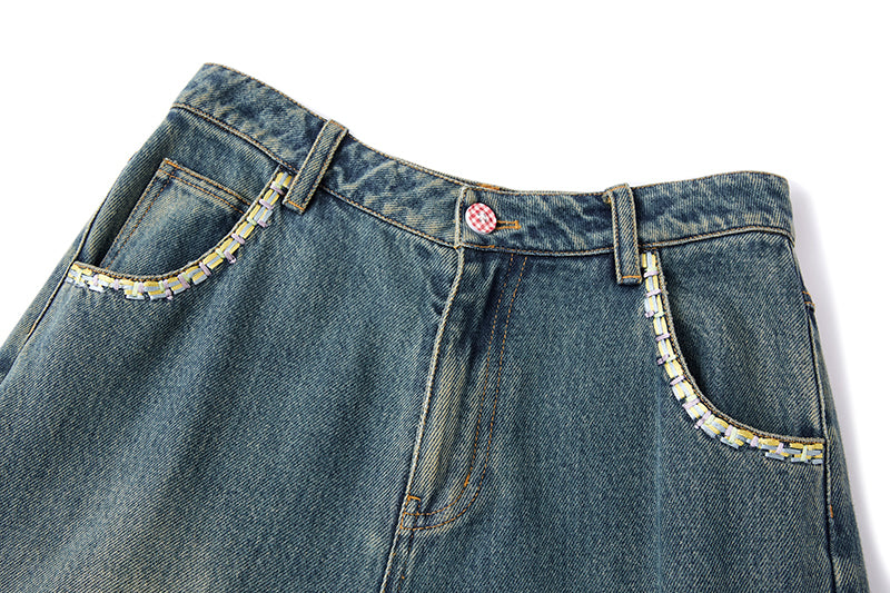 13DE MARZO Ripped Check Wide-Leg Trousers Blue