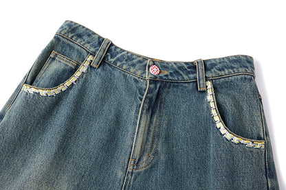 13DE MARZO Ripped Check Wide-Leg Trousers Blue