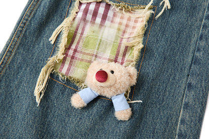 13DE MARZO Ripped Check Wide-Leg Trousers Blue