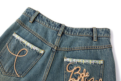 13DE MARZO Ripped Check Wide-Leg Trousers Blue