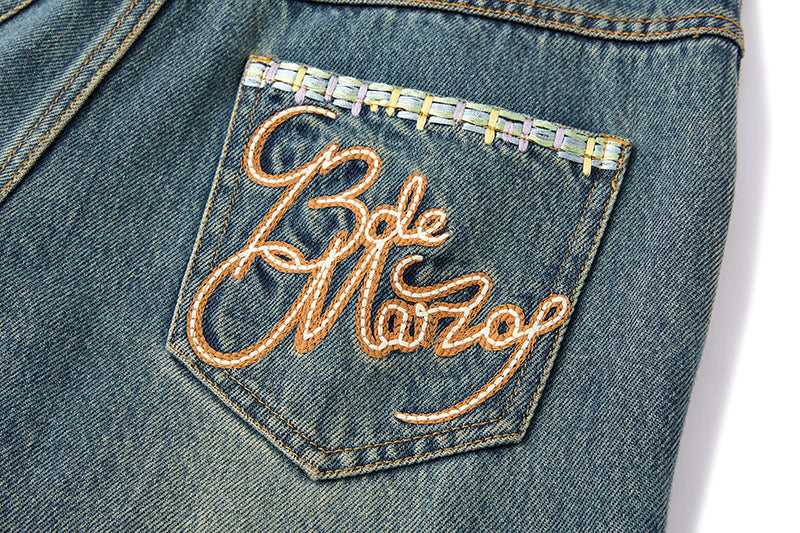 13DE MARZO Ripped Check Wide-Leg Trousers Blue