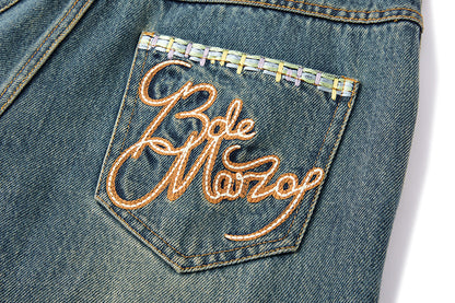 13DE MARZO Ripped Check Wide-Leg Trousers Blue