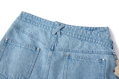 13DE MARZO Bear Folded Denim Skirt Blue