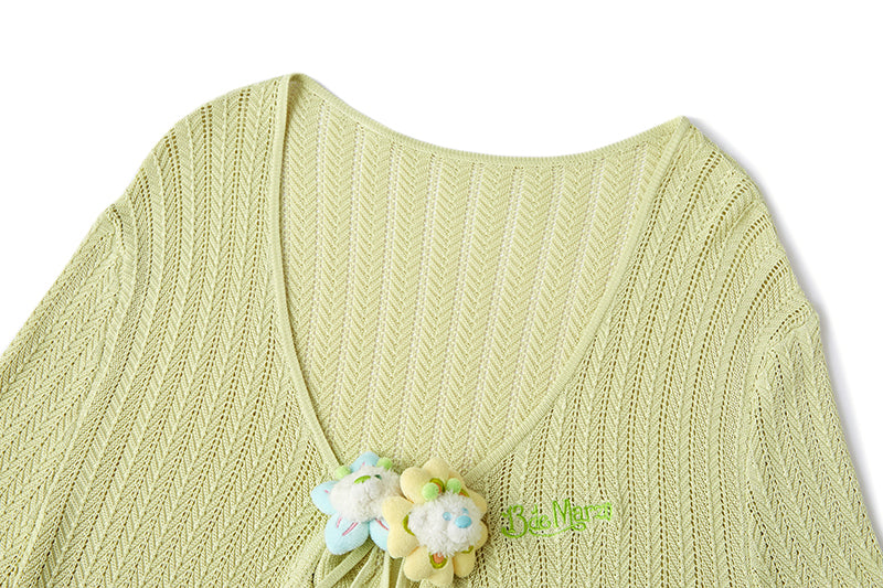 13DE MARZO Floral Lines Hollow Cardigan Green