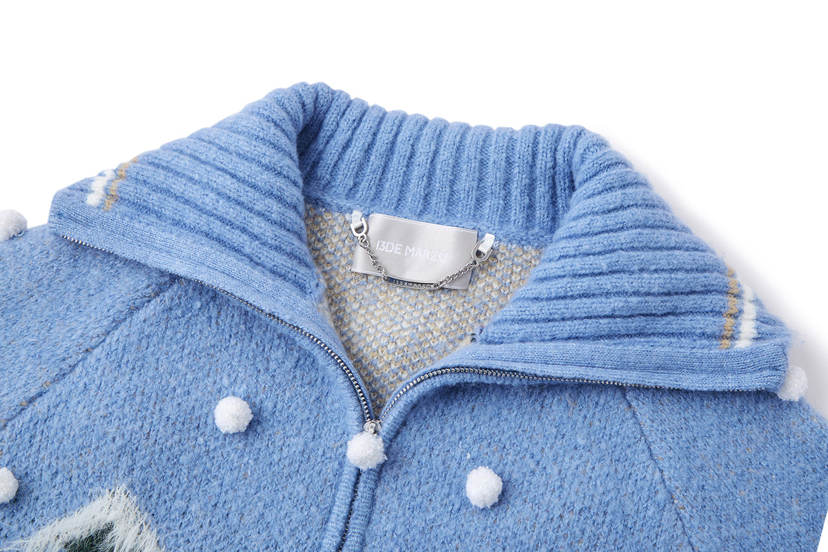 13DE MARZO Snow Bear Jacquard Zip Knit Coat Blue