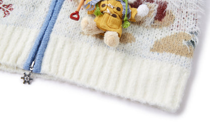 13DE MARZO Snow Bear Jacquard Zip Knit Coat Blue