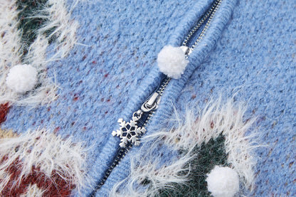 13DE MARZO Snow Bear Jacquard Zip Knit Coat Blue