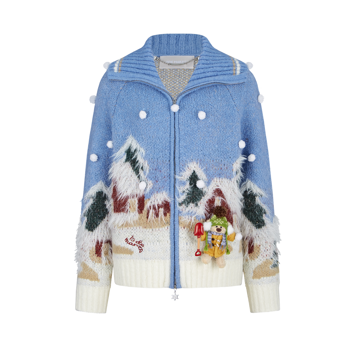 13DE MARZO Snow Bear Jacquard Zip Knit Coat Blue