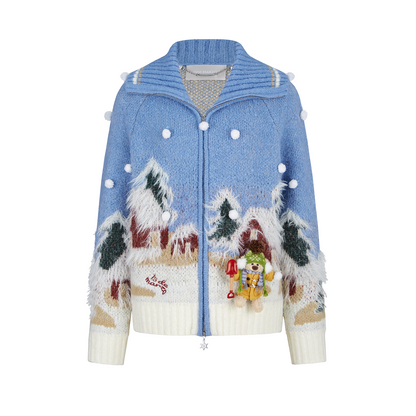 13DE MARZO Snow Bear Jacquard Zip Knit Coat Blue