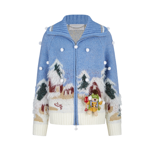 13DE MARZO Snow Bear Jacquard Zip Knit Coat Blue - 13DE MARZO
