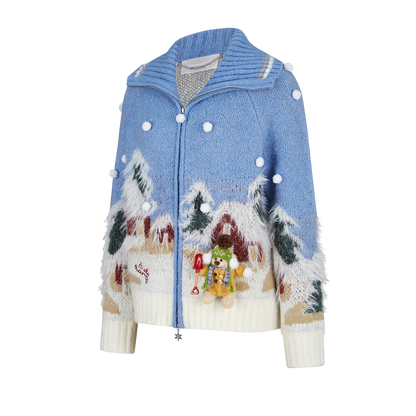 13DE MARZO Snow Bear Jacquard Zip Knit Coat Blue