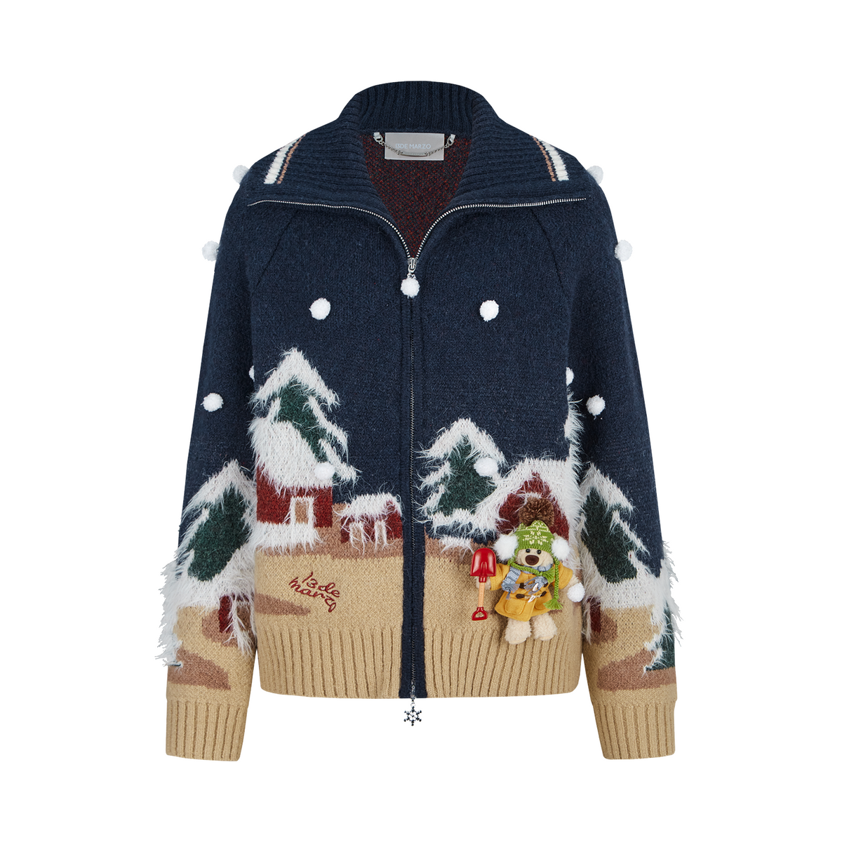 13DE MARZO Snow Bear Jacquard Zip Knit Coat Navy Blue
