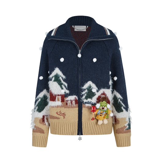 13DE MARZO Snow Bear Jacquard Zip Knit Coat Navy Blue - 13DE MARZO