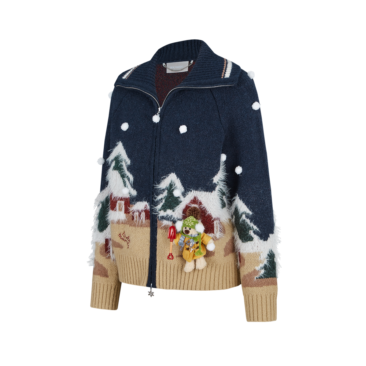 13DE MARZO Snow Bear Jacquard Zip Knit Coat Navy Blue