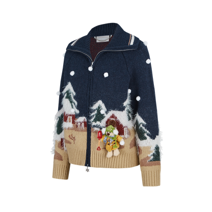 13DE MARZO Snow Bear Jacquard Zip Knit Coat Navy Blue