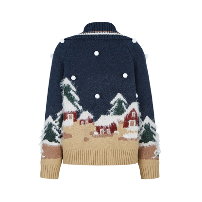 13DE MARZO Snow Bear Jacquard Zip Knit Coat Navy Blue