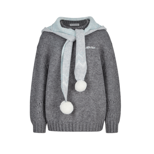 13DE MARZO Fair lsle Hooded Cape Pullover Sweater Grey