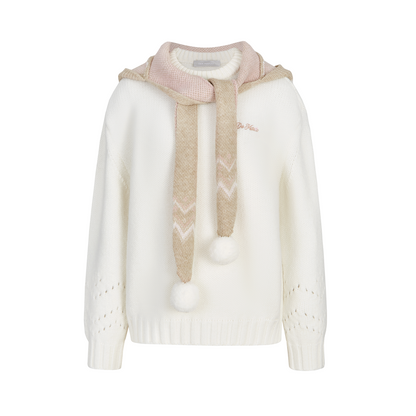 13DE MARZO Fair lsle Hooded Cape Pullover Sweater White