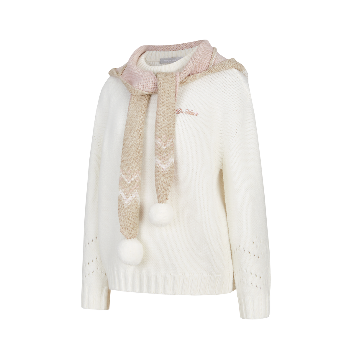 13DE MARZO Fair lsle Hooded Cape Pullover Sweater White