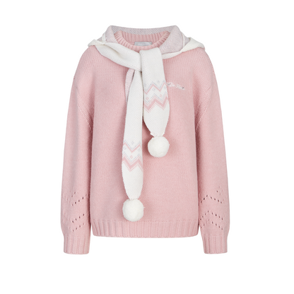 13DE MARZO Fair lsle Hooded Cape Pullover Sweater Pink