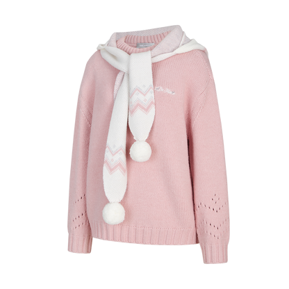 13DE MARZO Fair lsle Hooded Cape Pullover Sweater Pink
