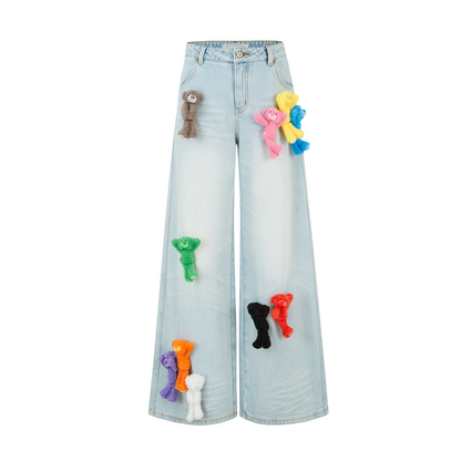 13DE MARZO Colorful All-Over Bear Print Jeans Blue - 13DE MARZO