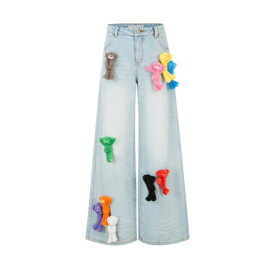 13DE MARZO Colorful All-Over Bear Print Jeans Blue - 13DE MARZO