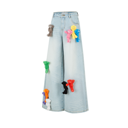 13DE MARZO Colorful All-Over Bear Print Jeans Blue - 13DE MARZO