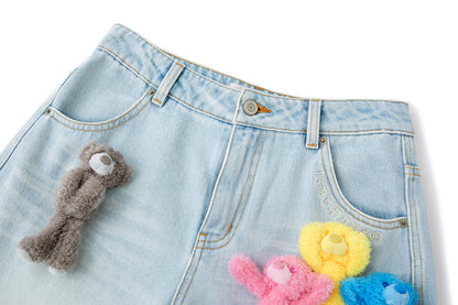 13DE MARZO Colorful All-Over Bear Print Jeans Blue - 13DE MARZO
