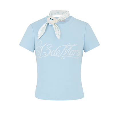 13DE MARZO Cross-Over Collar Button-Strap T-shirt Blue
