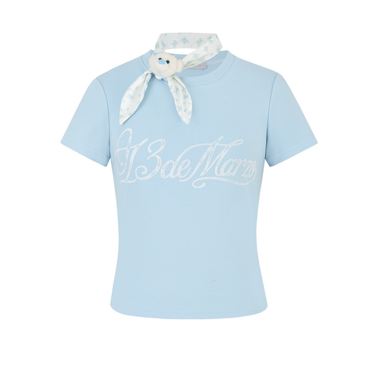 13DE MARZO Cross-Over Collar Button-Strap T-shirt Blue