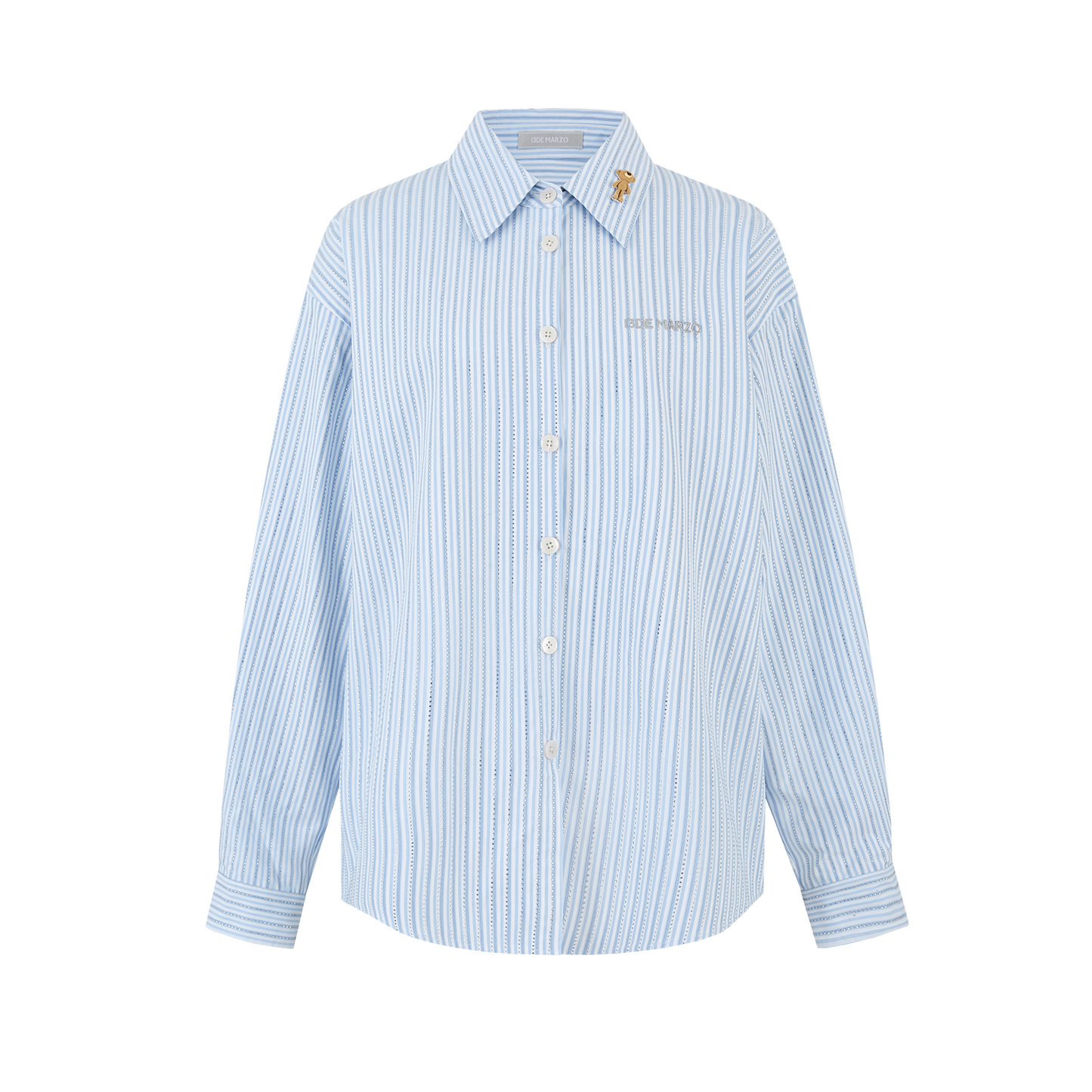 13DE MARZO Stripe Shirt with Rhinestone Bear Brooch Blue