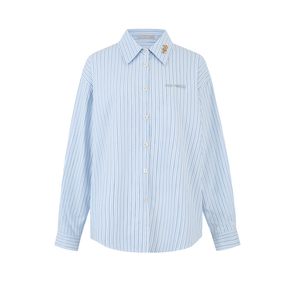 13DE MARZO Stripe Shirt with Rhinestone Bear Brooch Blue