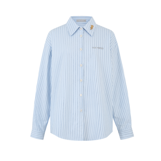 13DE MARZO Stripe Shirt with Rhinestone Bear Brooch Blue