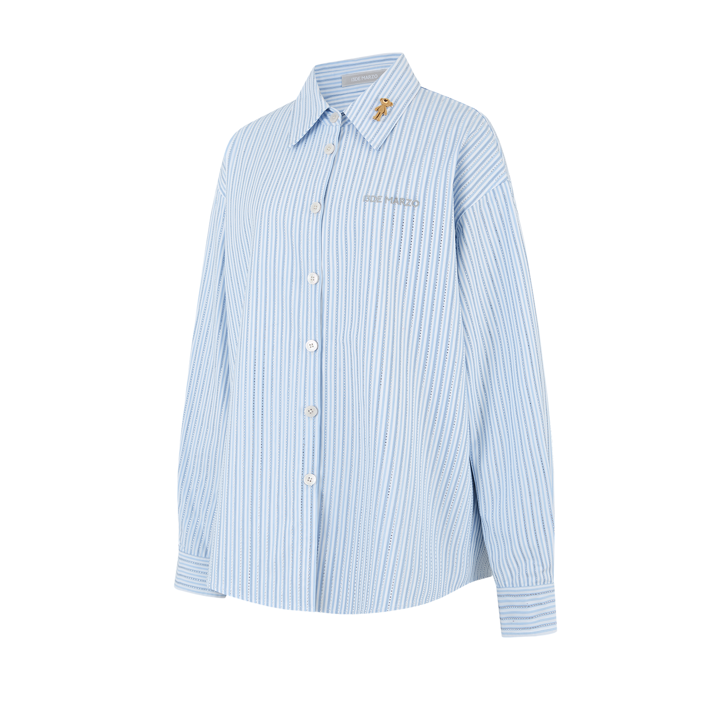 13DE MARZO Stripe Shirt with Rhinestone Bear Brooch Blue