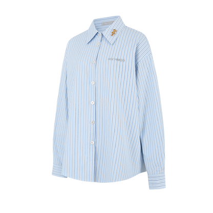 13DE MARZO Stripe Shirt with Rhinestone Bear Brooch Blue