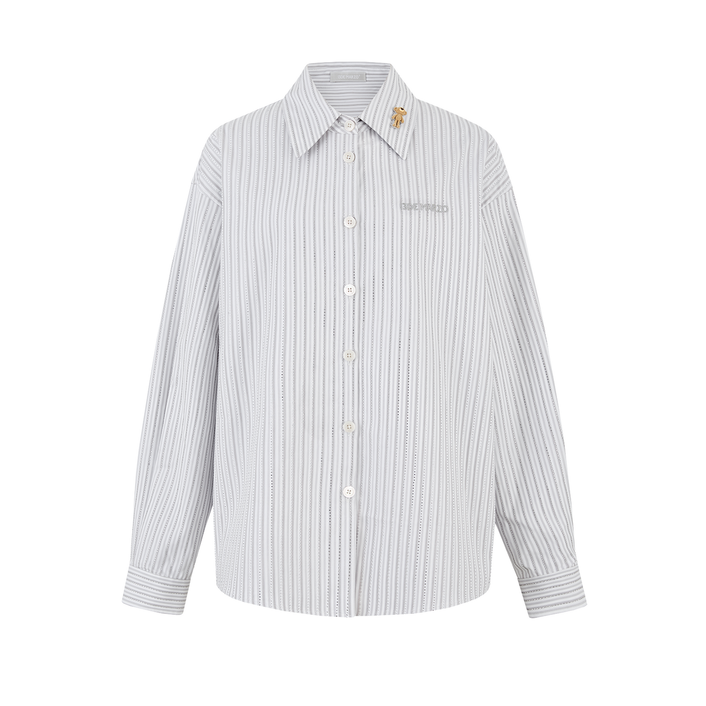 13DE MARZO Stripe Shirt with Rhinestone Bear Brooch Grey
