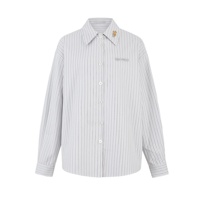 13DE MARZO Stripe Shirt with Rhinestone Bear Brooch Grey