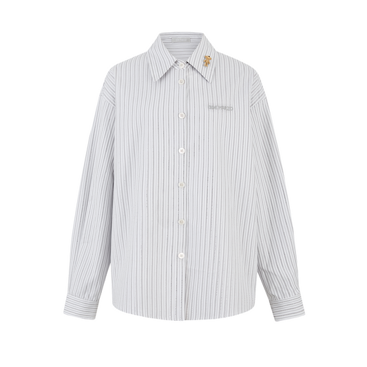 13DE MARZO Stripe Shirt with Rhinestone Bear Brooch Grey