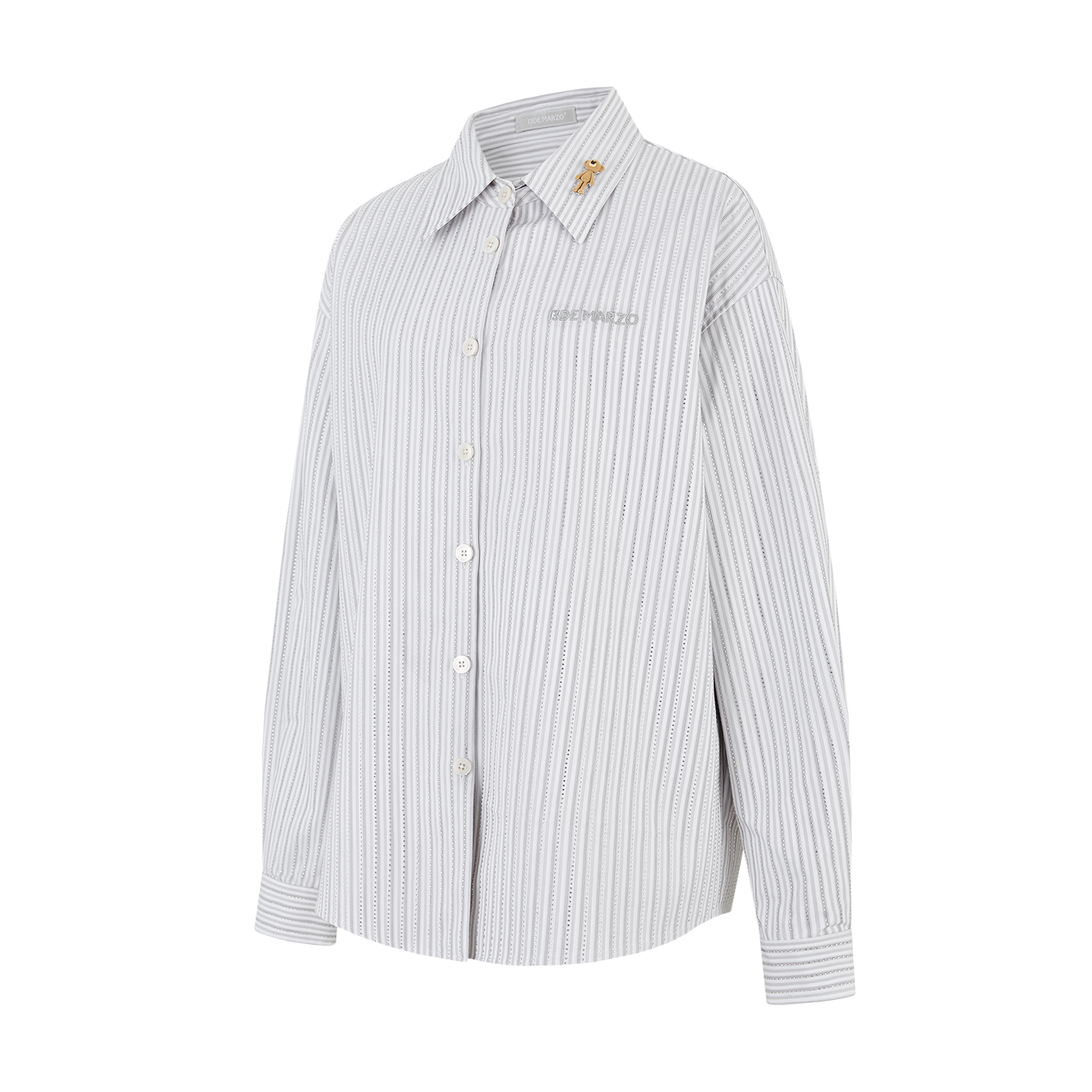 13DE MARZO Stripe Shirt with Rhinestone Bear Brooch Grey