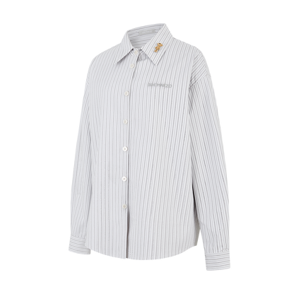 13DE MARZO Stripe Shirt with Rhinestone Bear Brooch Grey