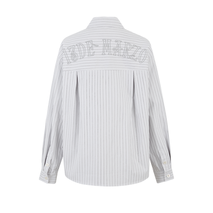 13DE MARZO Stripe Shirt with Rhinestone Bear Brooch Grey