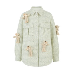 13DE MARZO All-Over Bear Print Tweed Shirt Jacket Green