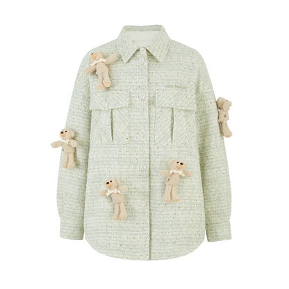 13DE MARZO All-Over Bear Print Tweed Shirt Jacket Green