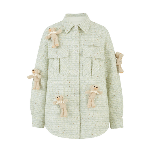 13DE MARZO All-Over Bear Print Tweed Shirt Jacket Green