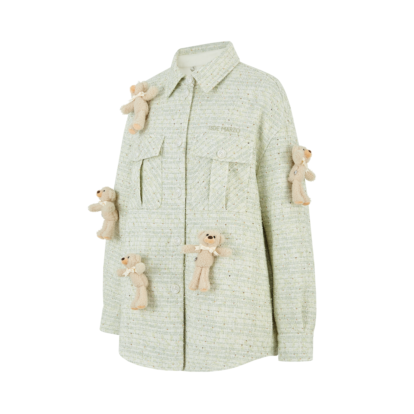 13DE MARZO All-Over Bear Print Tweed Shirt Jacket Green