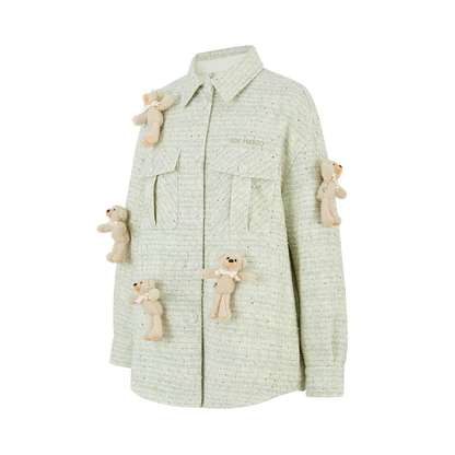 13DE MARZO All-Over Bear Print Tweed Shirt Jacket Green