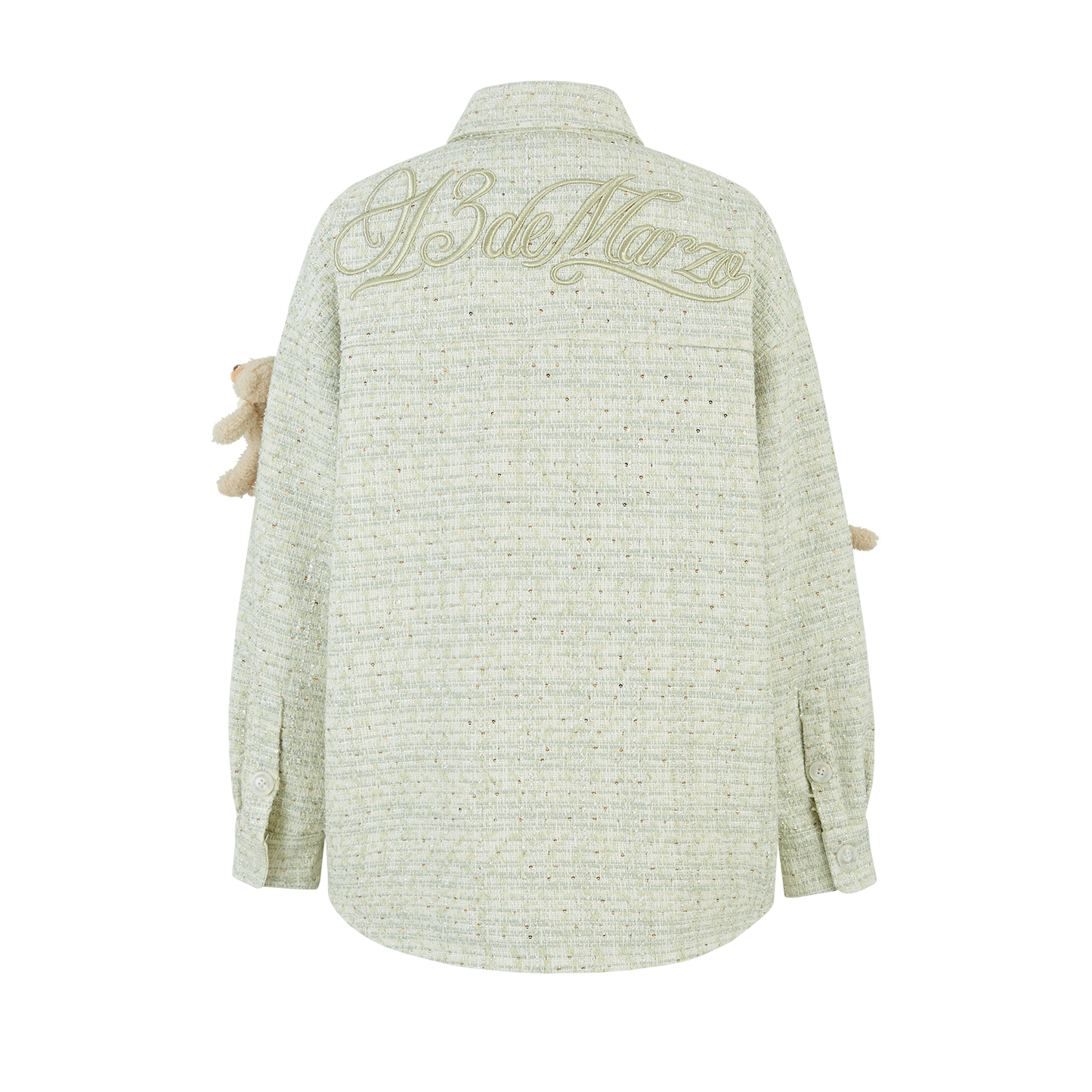 13DE MARZO All-Over Bear Print Tweed Shirt Jacket Green